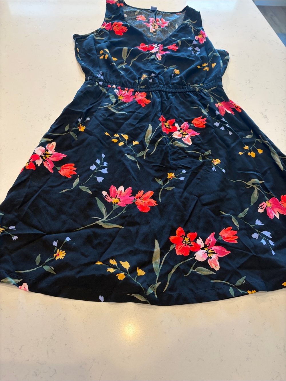 Old Navy Black Sleeveless Floral Dress with Pink & Red Blooms